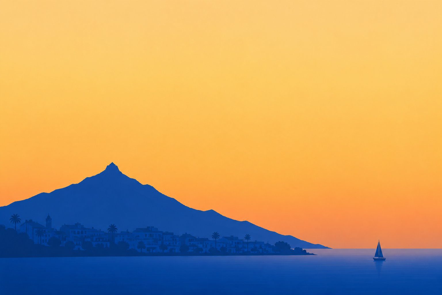 Golden hour view of Marbella, with La Concha mountain rising above the whitewashed old town beside the Mediterranean sea